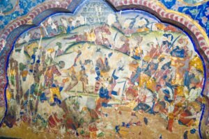 हुदिआरा (लाहौर) में स्थित प्राचीन सिख गुरुद्वारे में करतारपुर की लड़ाई (1635) को दर्शाने वाला भित्तिचित्र 